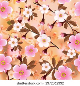 Cherry branches blooming on peach abstract background. Sakura flowers seamless pattern. Vector