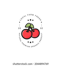 Cherry brand logo design, label and icon. Trendy logo template. Cherry icon for grocery, dairy, packaging and branding. Vector logotype design.