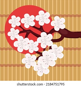 cherry brunch with flowers on bamboo background and red circle sun Japan japanese decor wallpaper print 