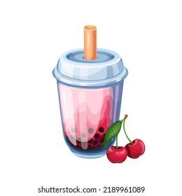 Cherry bubble tea vector illustration. Cartoon isolated berry milkshake in transparent glass with lid and straw, pink juice smoothie and delicious fruity milk tea with tapioca pearls and cherry fruit