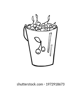 Cherry bucket in doodle style. Isolated outline. Hand drawn vector illustration in black ink on a white background.