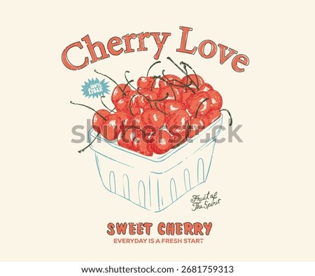 Cherry bucket drawing. Cherry fruit print. Cherry love. Organic food artwork for for t-shirt. Sweet fruit.