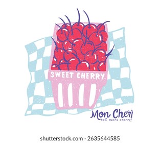 Cherry bucket. Eat more cherry. Sweet cherry artwork. Cherry fruit print. Nature fruit club print design. Organic food artwork for for t-shirt. 