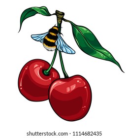 Cherry and bumblebee. Vector illustration