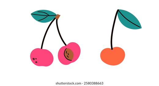 Cherry. Bunches of cherry berries isolated on a white background. Set of vector illustrations. Hand drawn illustration