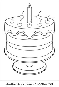 Cherry cake with a candle covered with icing. Birthday cake on a platter - vector linear illustration for coloring. Glazed cake decorated with cream cherries and candles - festive sweets. Outline.