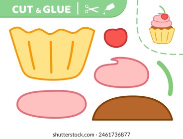 Cherry cake. Cut and glue. Cherry cupcake with cream. Applique. Paper game. Vector 