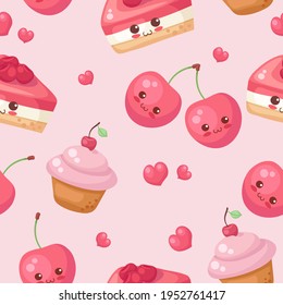 Cherry cake, cute berry, cupcake cartoon characters. Vector kawaii cartoon food illustration in seamless pattern on light pink colors. Adorable baby shower decoration, wrapping paper, fabric print.