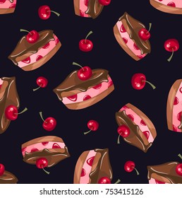 Cherry cake dessert vector illustration. Sweet seamless pattern.