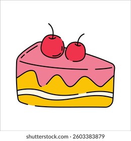 Cherry Cake Doodle style, a slice of layered cake topped with cherries, representing dessert, suitable for bakery branding, menu illustrations, and sweet-themed designs.