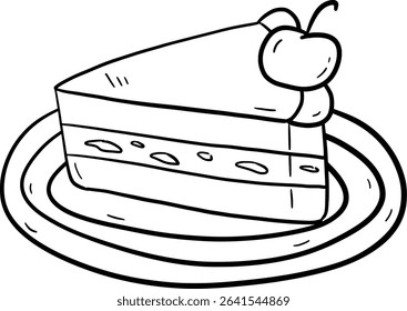 Cherry cake illustration. Slice of cake illustration. Slice of cake coloring page.