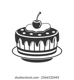 Cherry cake on white background, engraving, silhouette. Black and white illustration of dessert, pastry, food icon