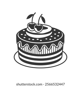 Cherry cake on white background, engraving, silhouette. Black and white illustration of dessert, pastry, food icon