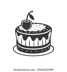 Cherry cake on white background, engraving, silhouette. Black and white illustration of dessert, pastry, food icon