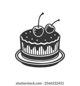 Cherry cake on white background, engraving, silhouette. Black and white illustration of dessert, pastry, food icon