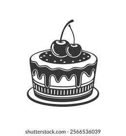 Cherry cake on white background, engraving, silhouette. Black and white illustration of dessert, pastry, food icon