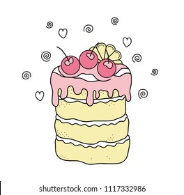 Cherry cake with pink cream on white background vector image
