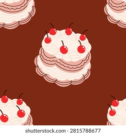Cherry cake seamless pattern. Cream cakes topped with bright cherries in a cute bakery style. Ideal for textiles, wrapping, and packaging. Flat vector illustration.