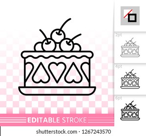 Cherry Cake thin line icon. Outline sign of sweet dessert. Strawberry Cream linear pictogram with different stroke width. Simple vector transparent symbol. Delicious editable stroke icon without fill