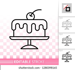 Cherry Cake thin line icon. Outline dessert sign. Sweet food linear pictogram with different stroke width. Simple vector symbol, transparent backdrop. Birthday bakery editable stroke icon without fill