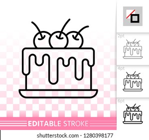 Cherry Cake thin line icon. Outline dessert sign. Sweet food linear pictogram with different stroke width. Simple vector symbol, transparent backdrop. Birthday bakery editable stroke icon without fill