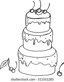 Cherry cake. Vector illustration of a cake with a cherry. Hand drawn multi-tiered cake.