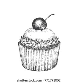 Cherry cake, vector illustration sketch in ink. 