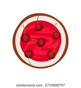 Bolo de cereja visto de cima mostrando um bolo assado redondo com recheio vermelho e cerejas frescas, representando conceitos de assar, celebração e doçura em um fundo branco