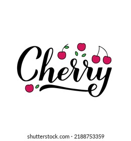 Cherry calligraphy lettering with hand  drawn strawberries. Fresh summer berry. Vector template for typography poster, banner, sticker, shirt, etc.