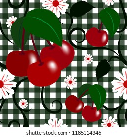 Cherry camomile seamless pattern on squared background