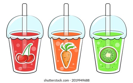 Cherry, carrot, kiwi juices. Cartoon vector illustration on white background.