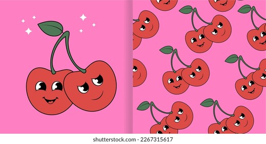 Cherry cartoon comic character with seamless pattern. Doodle retro style vector illustration.