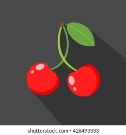 Cherry cartoon flat icon.Dark background. Vector illustration.