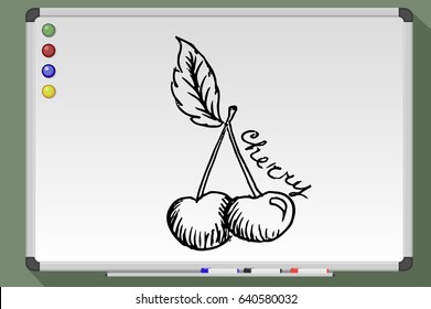 Cherry cartoon. Hand drawn vector stock illustration. Black and white whiteboard drawing