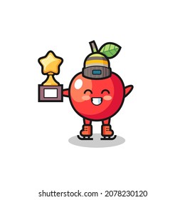 cherry cartoon as an ice skating player hold winner trophy , cute style design for t shirt, sticker, logo element