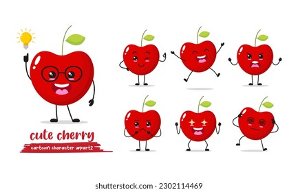 Cherry cartoon with many expressions. different fruit activity vector illustration flat design. smart Cherry for children story book.