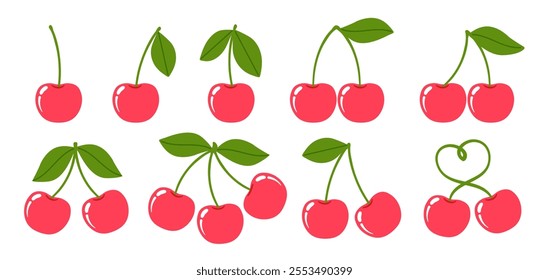 Cherry. Cartoon red cherries. Cute ripe berry with green leaves in different sides. Summer fruit. Spring seasonal natural food decor. Garden berries. Vector set.