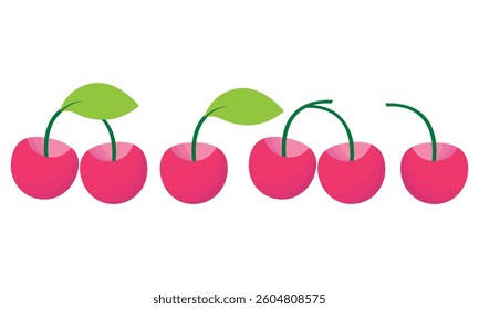 Cherry. Cartoon red cherries. Cute ripe berry with green leaves in different sides. Summer fruit. Spring seasonal natural food decor. Garden berries. Vector set.