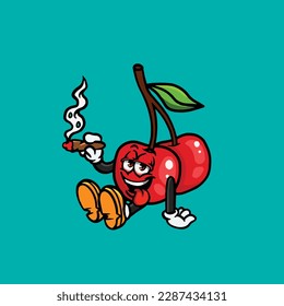 cherry cartoon smoking blunt and high face stoned from weed cannabis bud nug vector