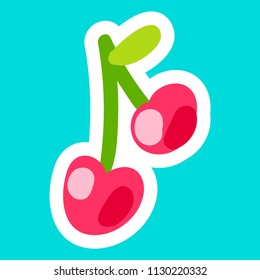 Cherry cartoon sticker. Nice berry. Girl fashion patch. Sweet and tasty natural food icon. Vector