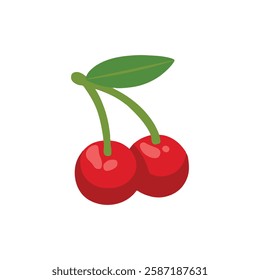 Cherry in cartoon style on white background. Sweet red cherries with a green leaf on its stem Vector illustration. 