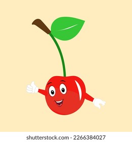 Cherry cartoon vector illustration. Cute Cherry character,  icon vector illustration. Character is cheerful with arms and legs. Set of fruits emoticon