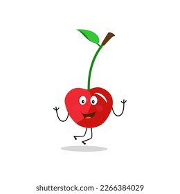 Cherry cartoon vector illustration. Cute Cherry character,  icon vector illustration. Character is cheerful with arms and legs. Set of fruits emoticon