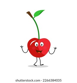 Cherry cartoon vector illustration. Cute Cherry character,  icon vector illustration. Character is cheerful with arms and legs. Set of fruits emoticon