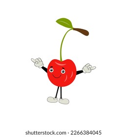 Cherry cartoon vector illustration. Cute Cherry character,  icon vector illustration. Character is cheerful with arms and legs. Set of fruits emoticon