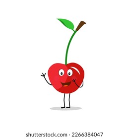 Cherry cartoon vector illustration. Cute Cherry character,  icon vector illustration. Character is cheerful with arms and legs. Set of fruits emoticon