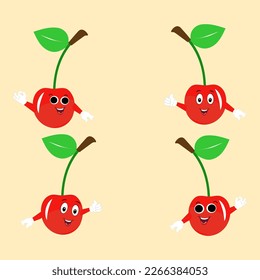 Cherry cartoon vector illustration. Cute Cherry character,  icon vector illustration. Character is cheerful with arms and legs. Set of fruits emoticon