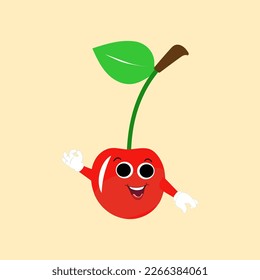 Cherry cartoon vector illustration. Cute Cherry character,  icon vector illustration. Character is cheerful with arms and legs. Set of fruits emoticon
