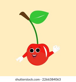 Cherry cartoon vector illustration. Cute Cherry character,  icon vector illustration. Character is cheerful with arms and legs. Set of fruits emoticon