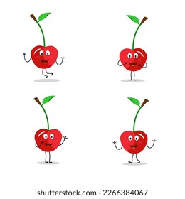 Cherry cartoon vector illustration. Cute Cherry character,  icon vector illustration. Character is cheerful with arms and legs. Set of fruits emoticon